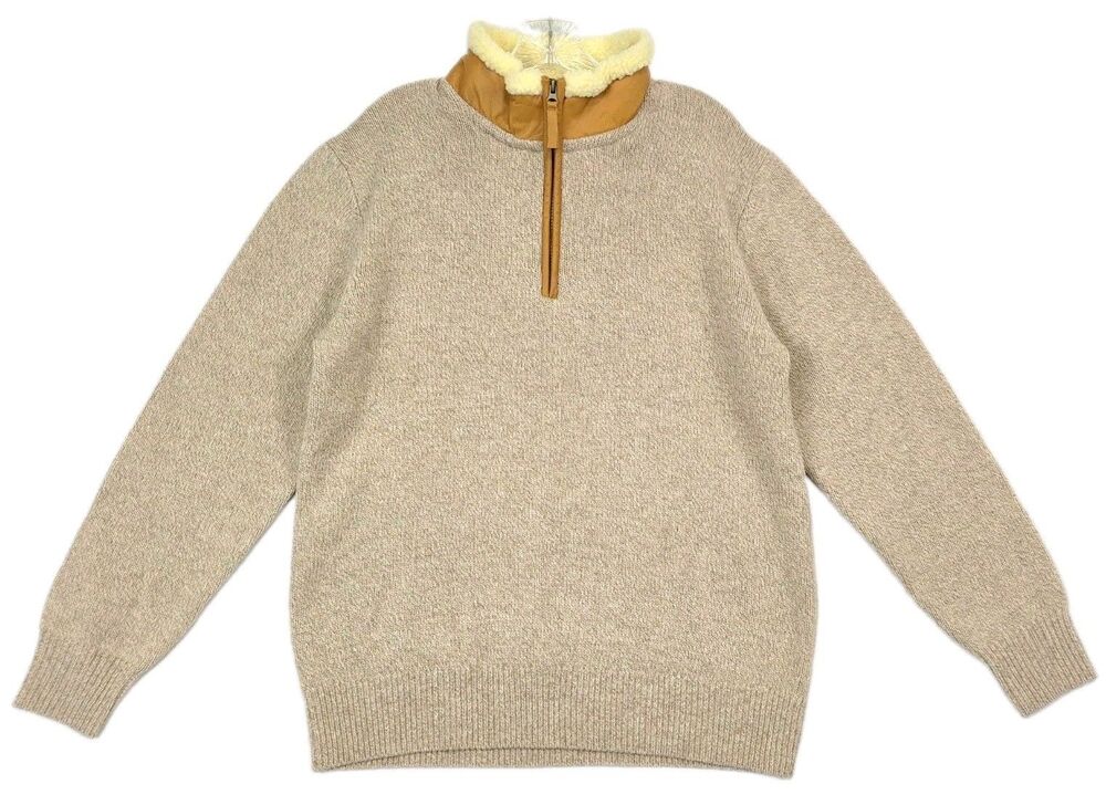 Orvis Mens M Lambswool Quarter Zip Sweater Leather Collar Fleece Lined Beige